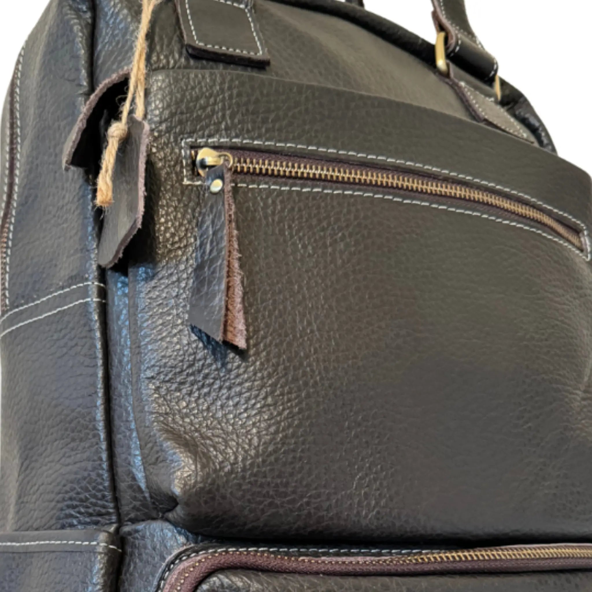 black leather backpack front pocket zipper