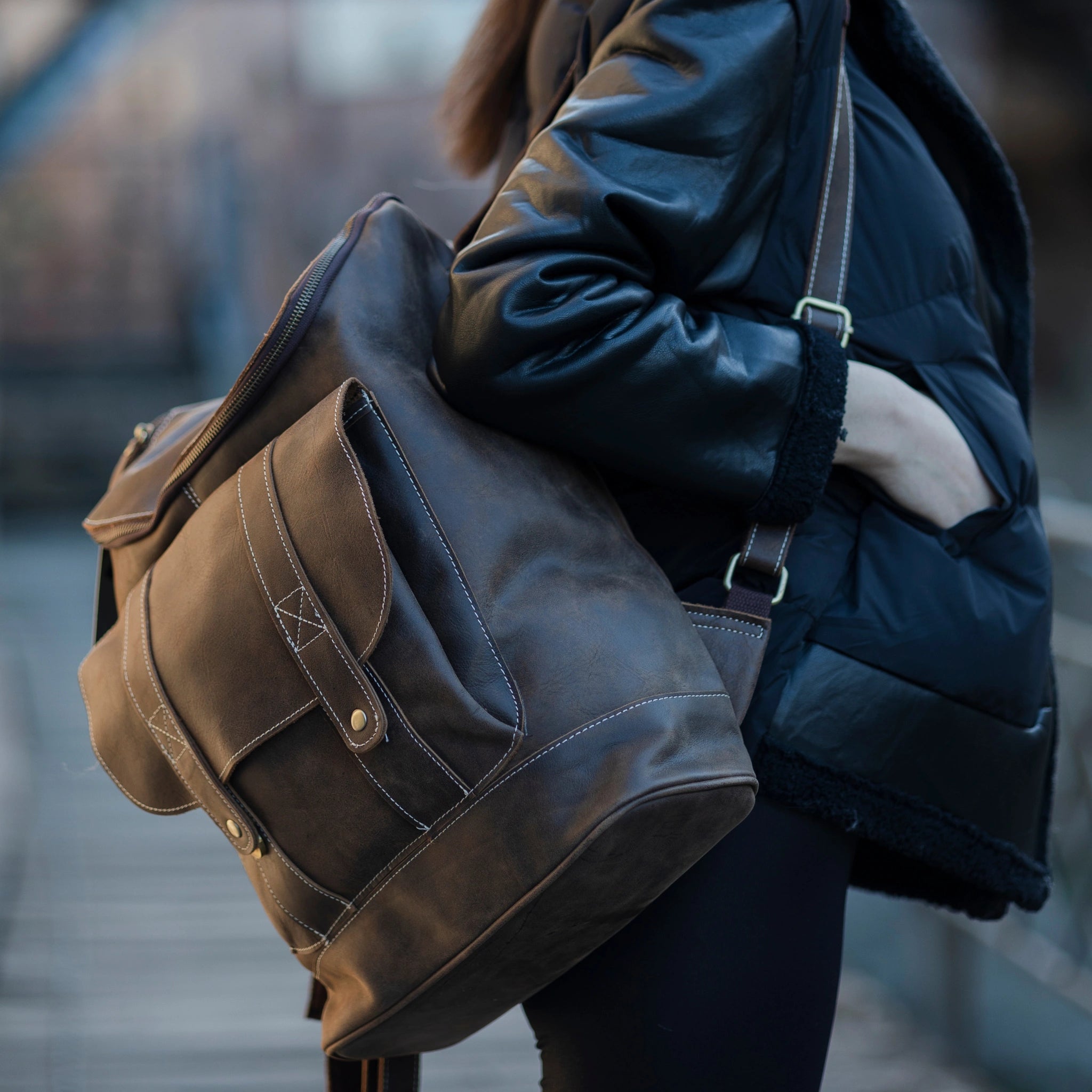 Hokaia luxury leather backpack worn by a model