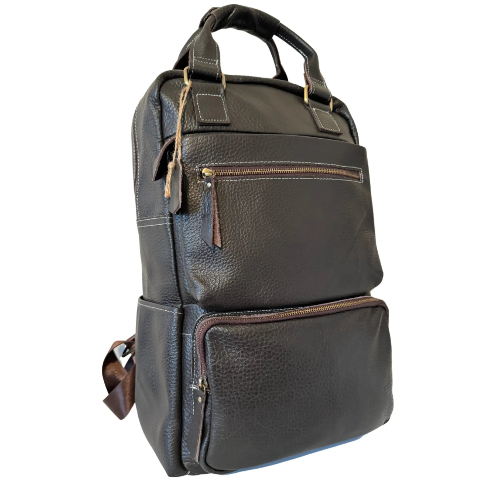 black backpack with brown leather straps Hokaia Black Backpack Leather Dual Belt Design