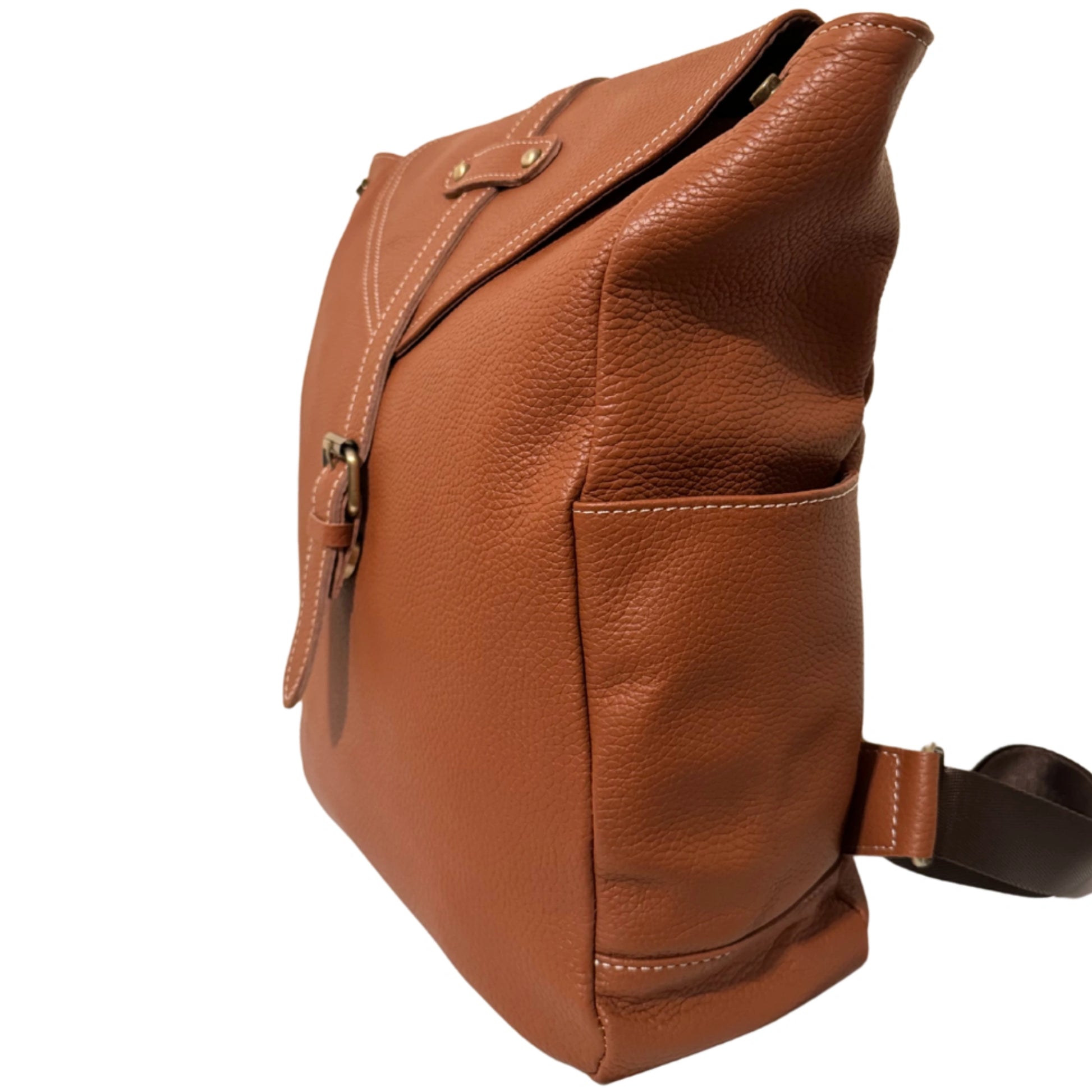 brown leather bag side view