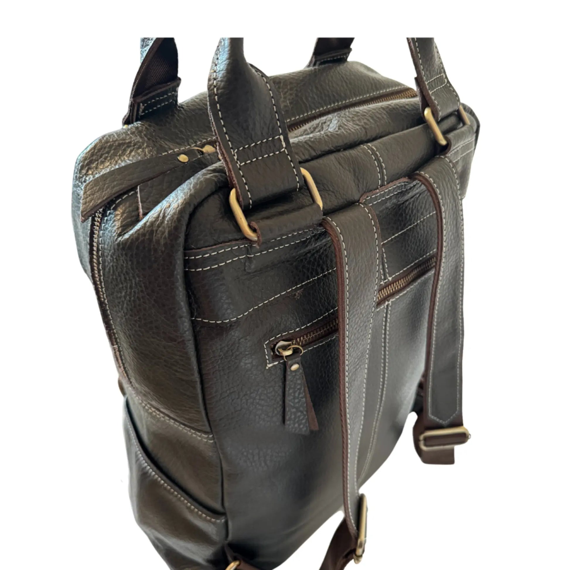 diophy leather backpack Hokaia Espresso Dark Brown Leather Backpack with Dual Belt Closure